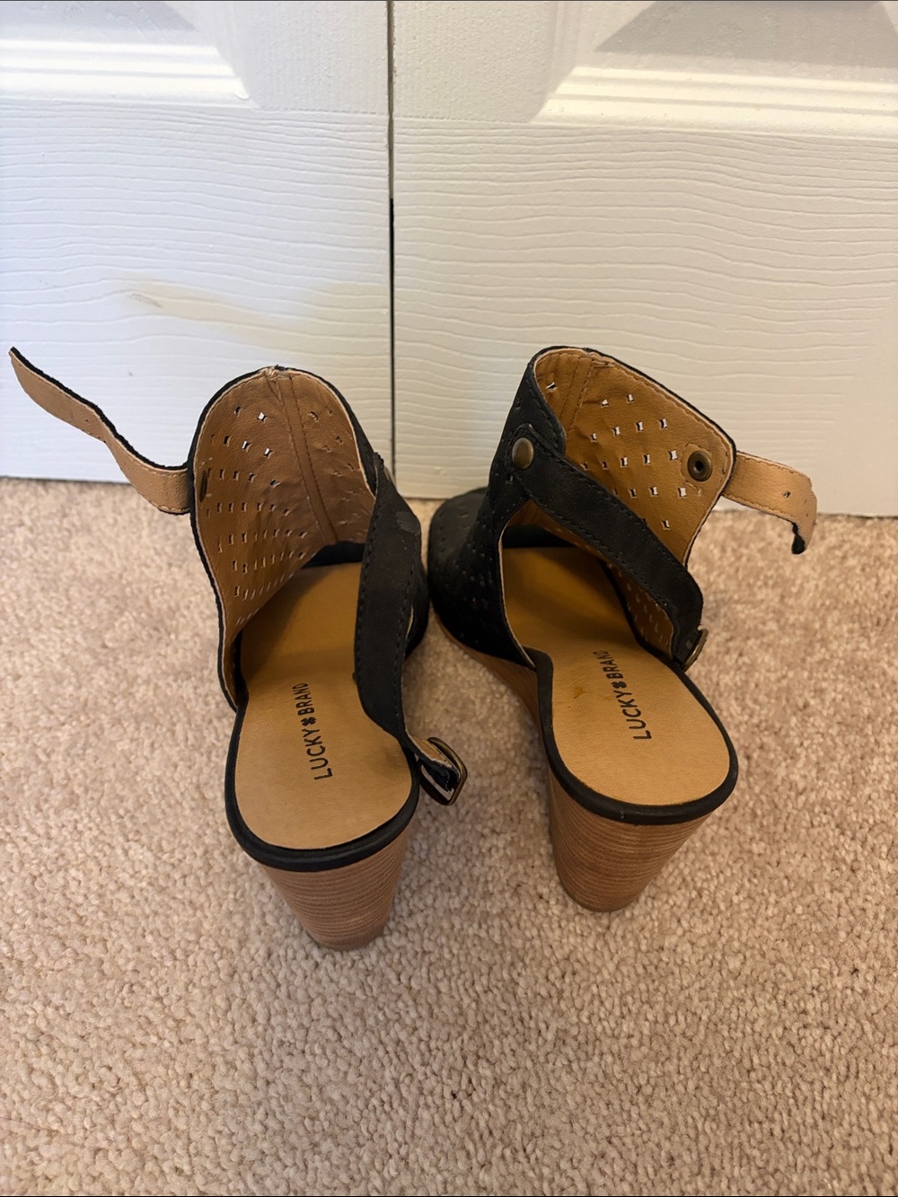 Lucky Brand Black Suede Open Heel Sandals with Tan Insole